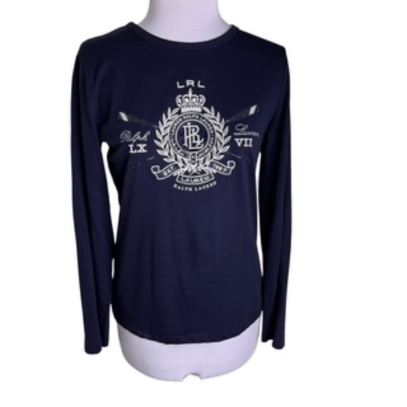 Lauren Active Ralph Lauren Long Sleeve Crew Neck Navy Beaded Top Size M - Picture 2 of 6
